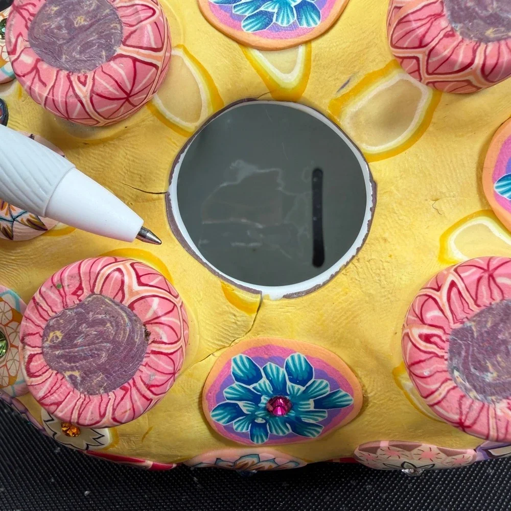 Billie Beads 2003 Handcrafted Piggy Bank Yellow Floral Millefiori Rhinestone 7in